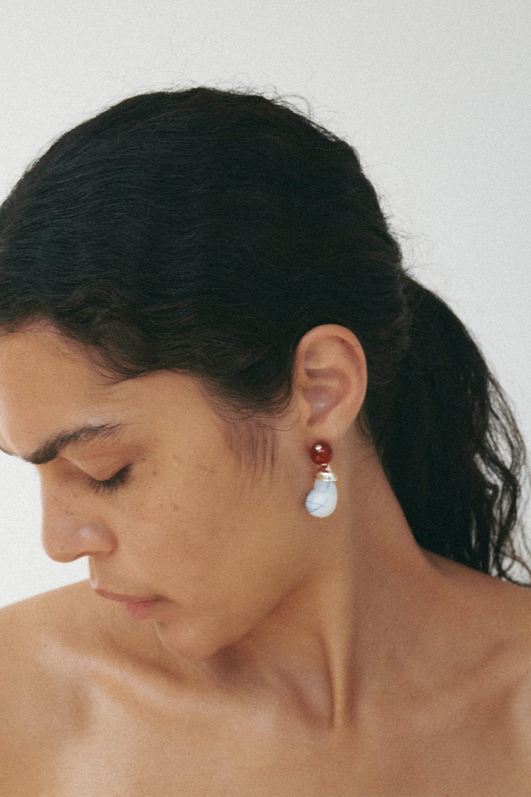 Beak - Blue Bio Resin and Red Lace Agate Recycled Silver Earrings