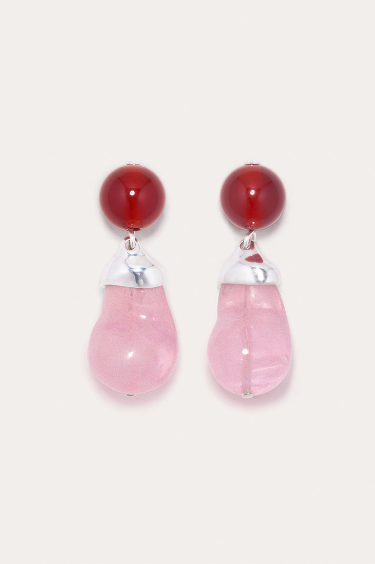 Beak - Pink Bio Resin and Red Lace Agate Recycled Silver Earrings