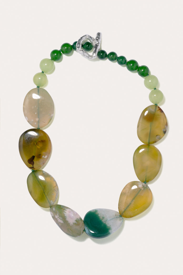 The Chorus of Falling Leaves - Olive Cherry Blossom Agate and Green Calcite Silver Plated Necklace