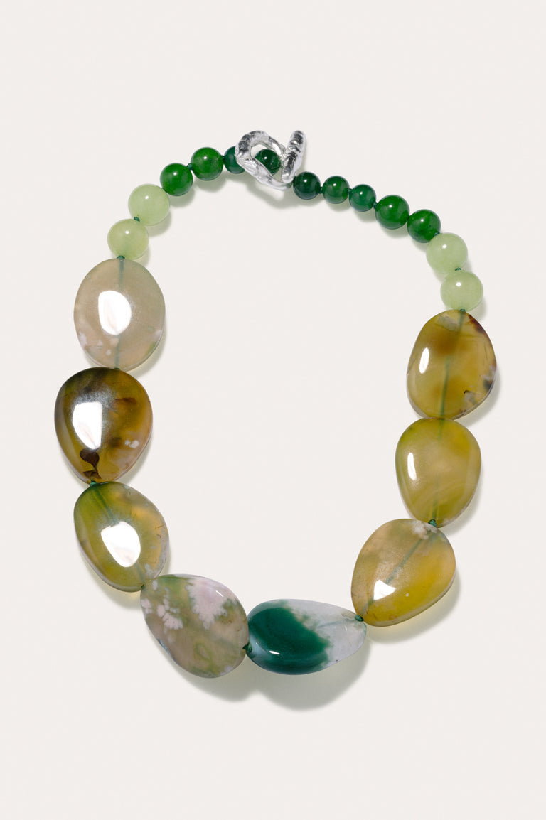 The Chorus of Falling Leaves - Olive Cherry Blossom Agate and Green Calcite Silver Plated Necklace