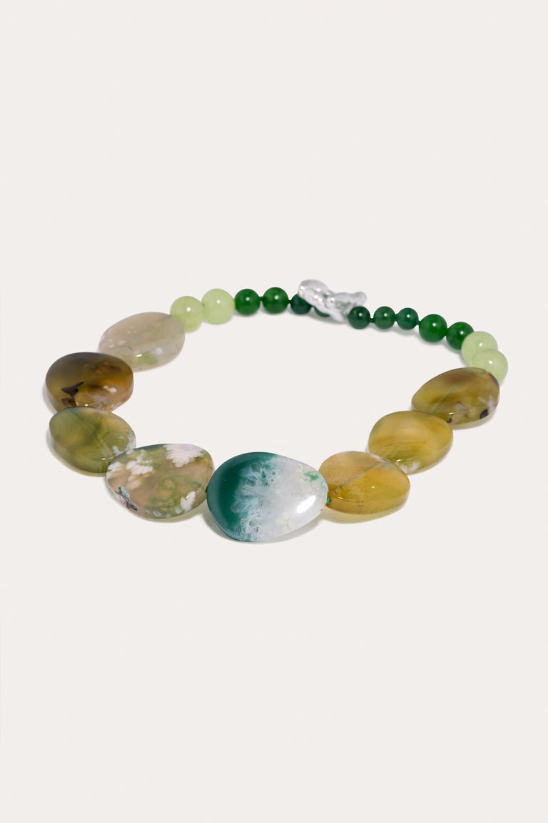 The Chorus of Falling Leaves - Olive Cherry Blossom Agate and Green Calcite Silver Plated Necklace
