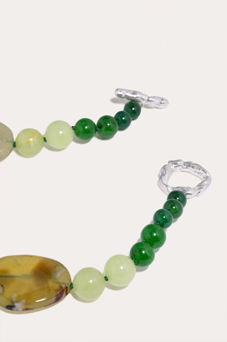 The Chorus of Falling Leaves - Olive Cherry Blossom Agate and Green Calcite Silver Plated Necklace