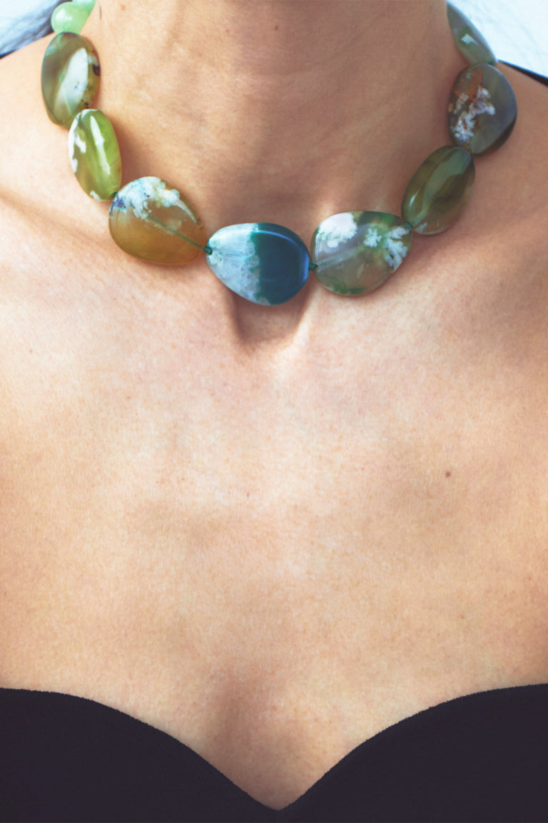 The Chorus of Falling Leaves - Olive Cherry Blossom Agate and Green Calcite Silver Plated Necklace