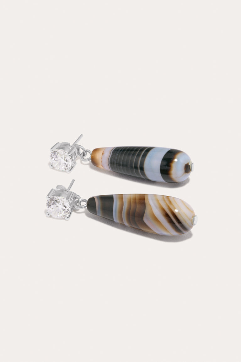 Traces of the Infinite - Banded Agate and Zirconia Recycled Silver Earrings
