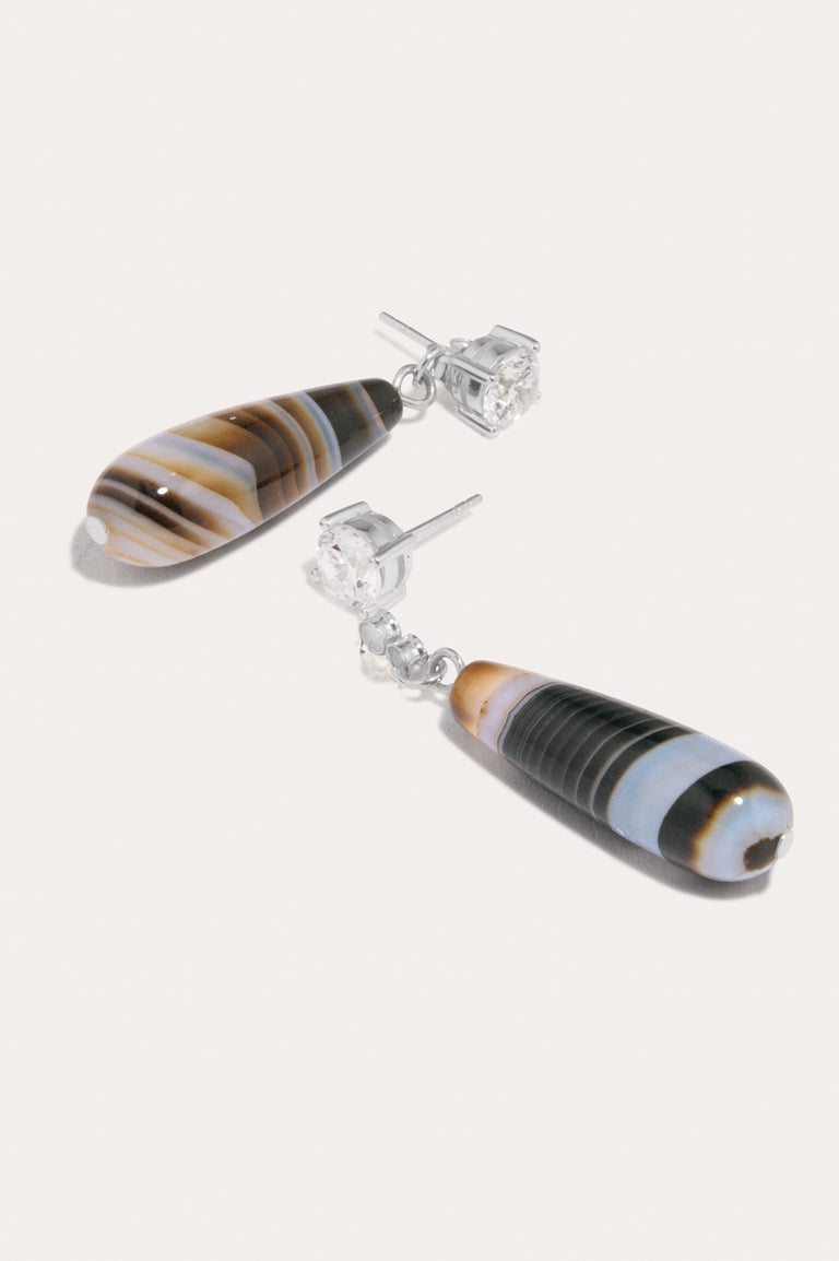 Traces of the Infinite - Banded Agate and Zirconia Recycled Silver Earrings