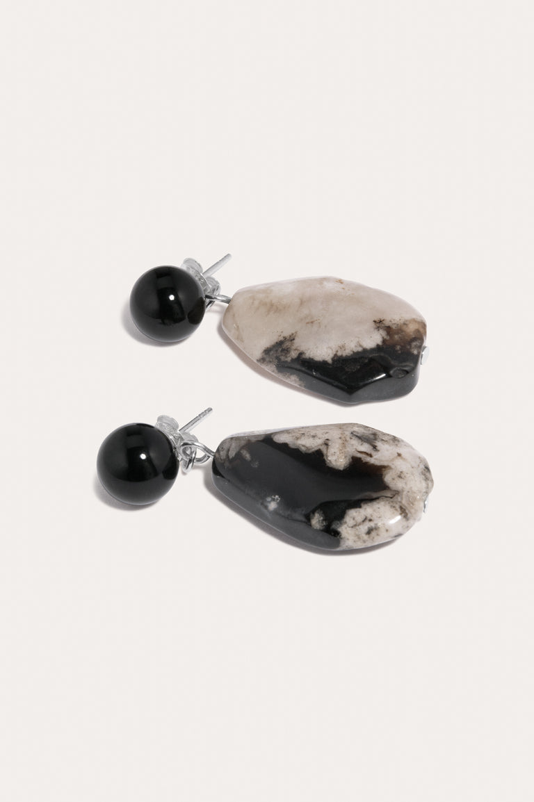 The Chorus of Falling Leaves - Black Cherry Blossom Agate and Black Onyx Recycled Silver Earrings