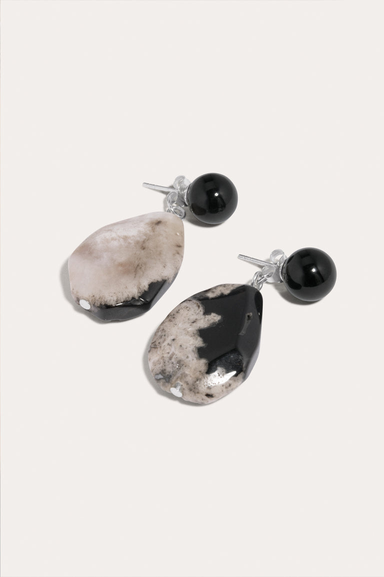 The Chorus of Falling Leaves - Black Cherry Blossom Agate and Black Onyx Recycled Silver Earrings