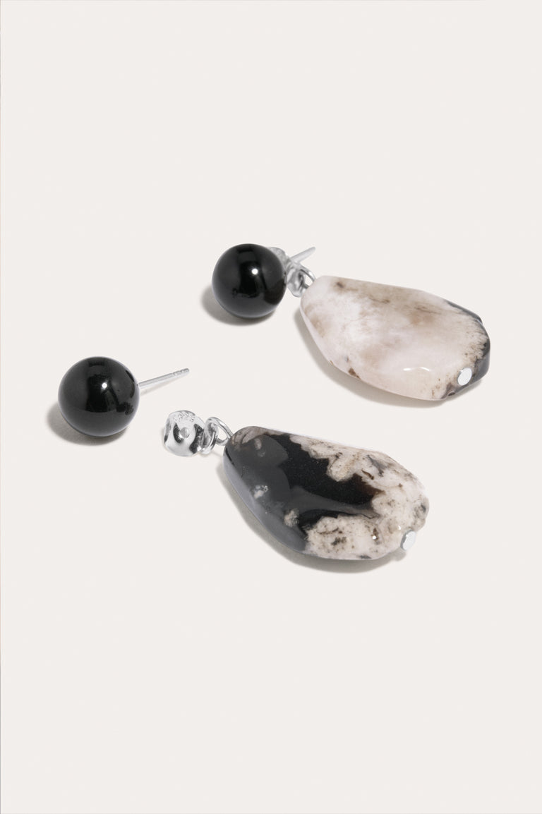 The Chorus of Falling Leaves - Black Cherry Blossom Agate and Black Onyx Recycled Silver Earrings