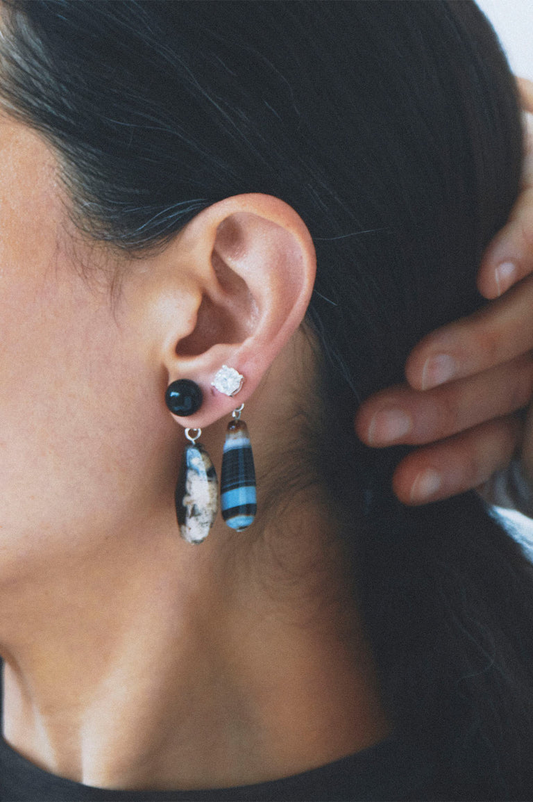 Traces of the Infinite - Banded Agate and Zirconia Recycled Silver Earrings