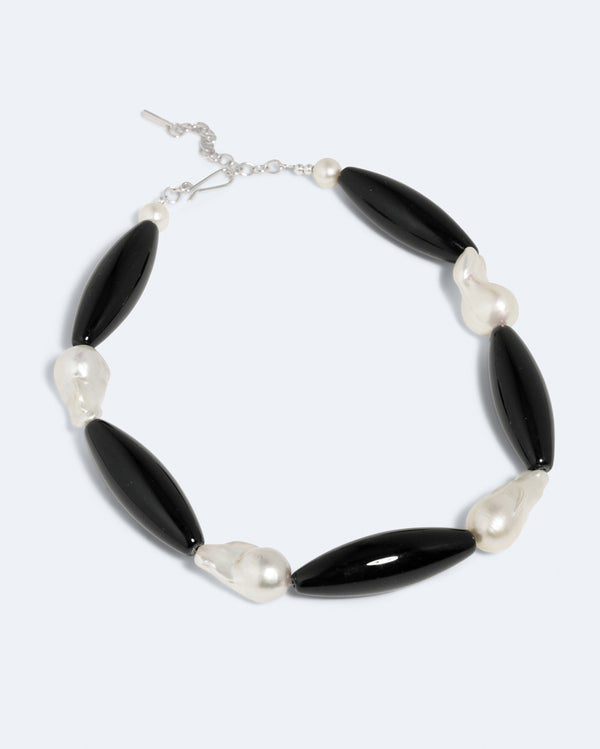Mirrors and Smoke - Pearl and Black Onyx Recycled Silver Necklace