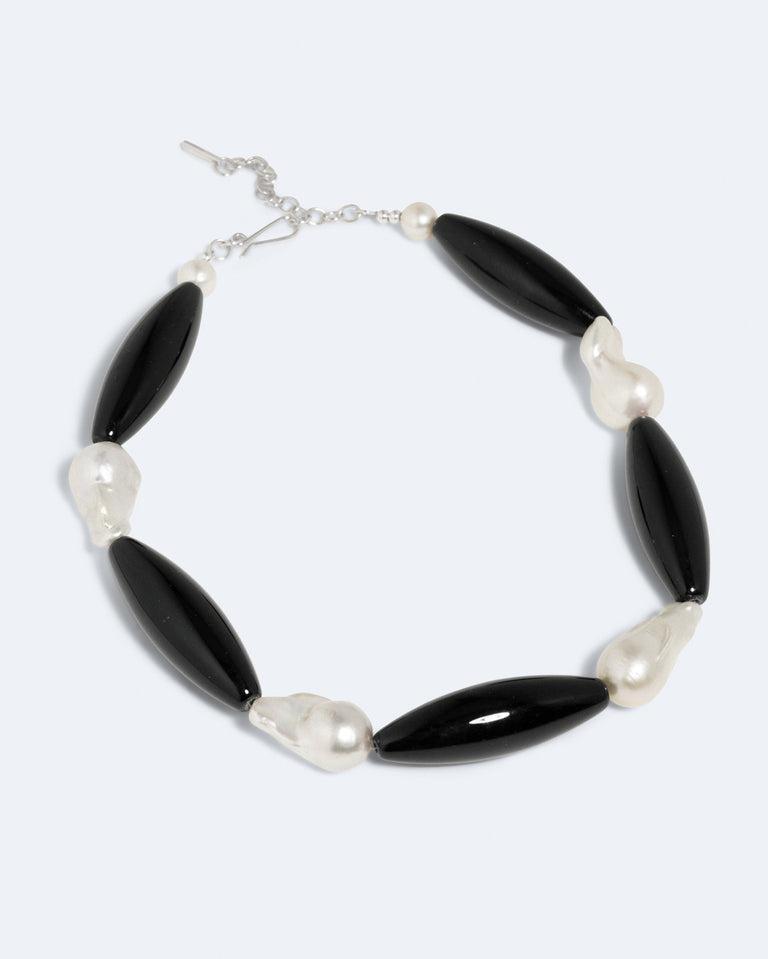 Mirrors and Smoke - Pearl and Black Onyx Recycled Silver Necklace