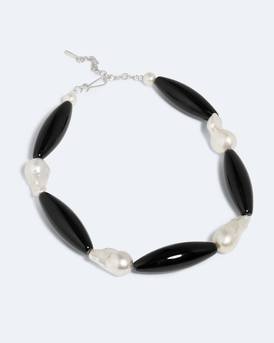 Mirrors and Smoke - Pearl and Black Onyx Recycled Silver Necklace