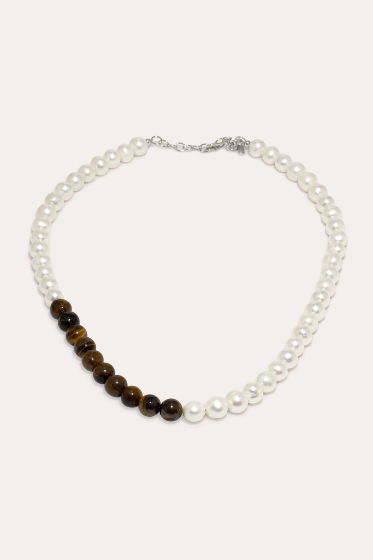 So Far So Good -  Pearl and Tiger Eye Bead Platinum Plated Necklace