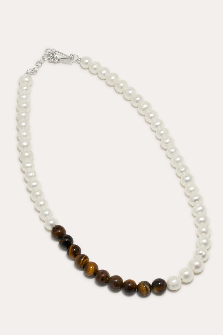 So Far So Good -  Pearl and Tiger Eye Bead Platinum Plated Necklace