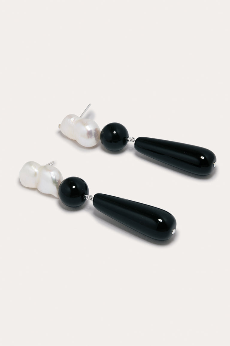 Tarn II - Pearl and Black Onyx Recycled Silver Earrings