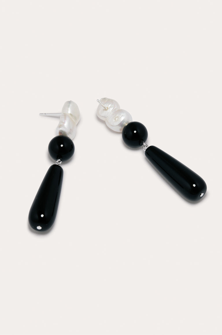 Tarn II - Pearl and Black Onyx Recycled Silver Earrings