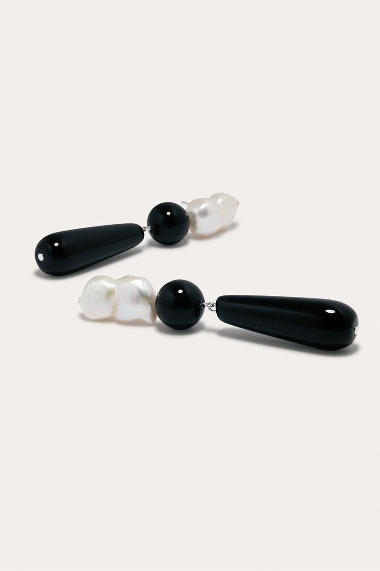 Tarn II - Pearl and Black Onyx Recycled Silver Earrings