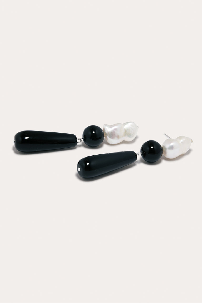 Tarn II - Pearl and Black Onyx Recycled Silver Earrings