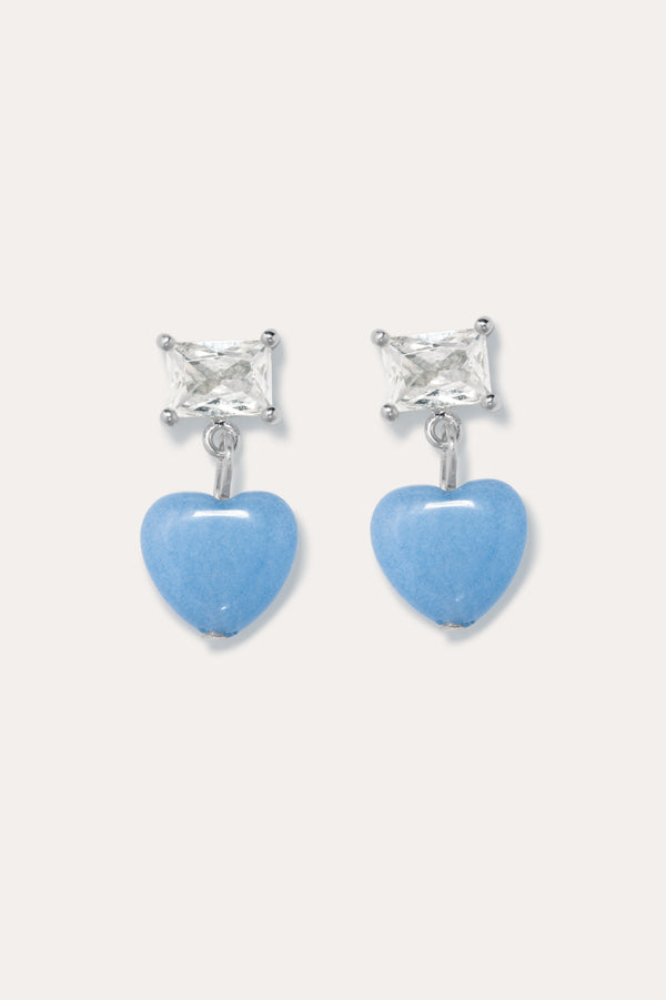 The Heart's Window - Blue Heart Bead and Zirconia Recycled Silver Earrings