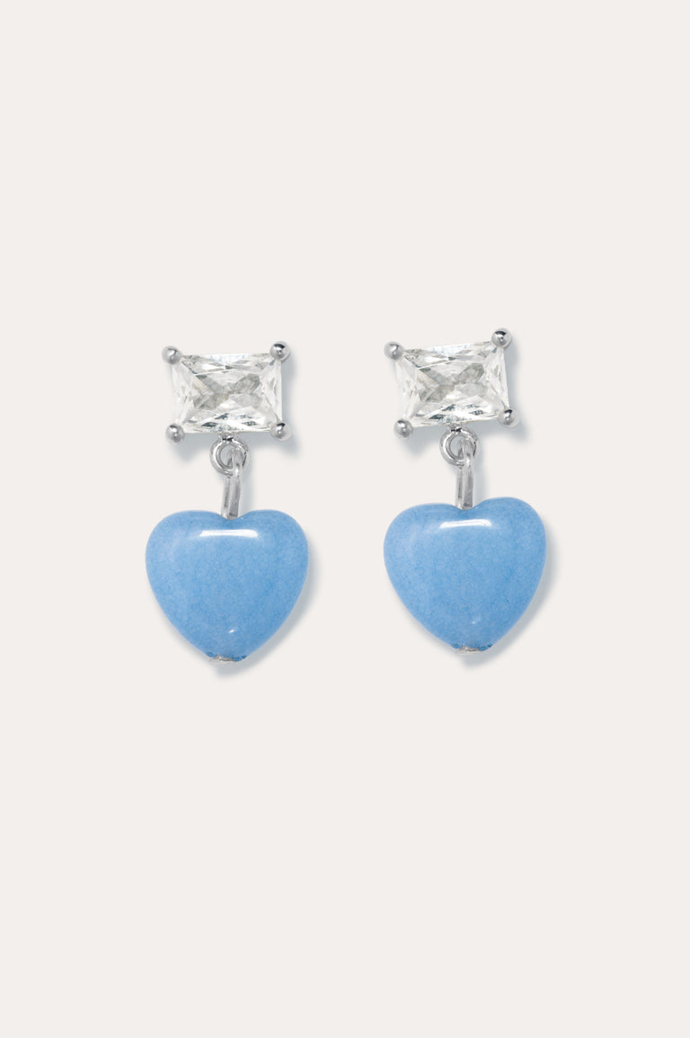 The Heart's Window - Blue Heart Bead and Zirconia Recycled Silver Earrings
