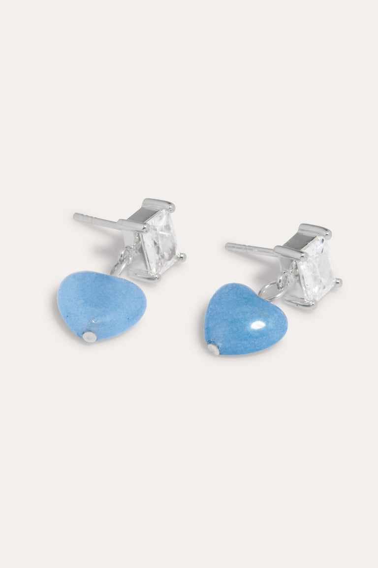 The Heart's Window - Blue Heart Bead and Zirconia Recycled Silver Earrings
