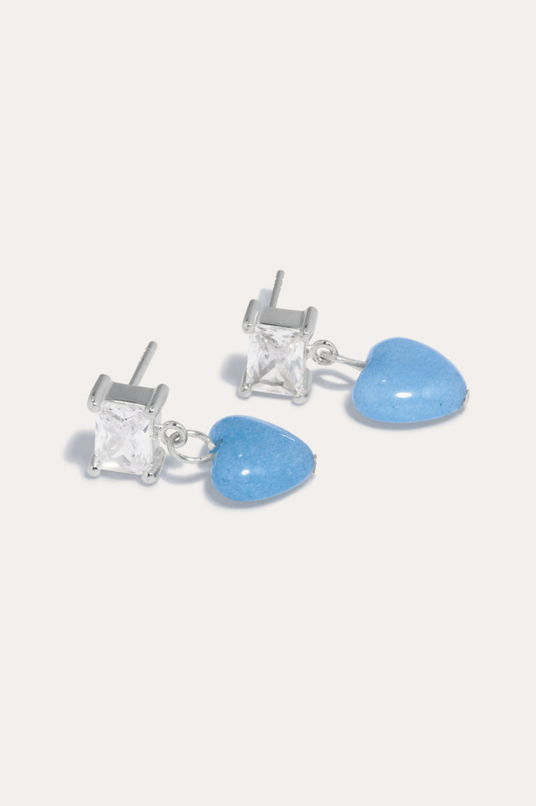 The Heart's Window - Blue Heart Bead and Zirconia Recycled Silver Earrings