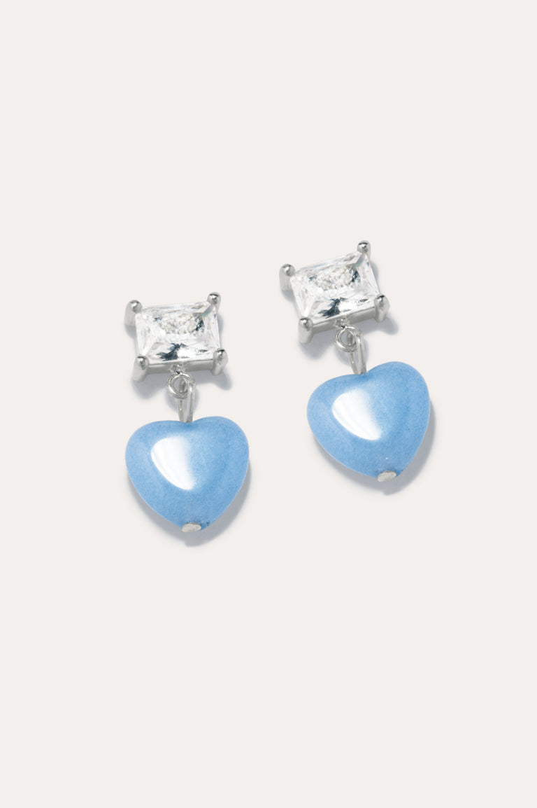The Heart's Window - Blue Heart Bead and Zirconia Recycled Silver Earrings