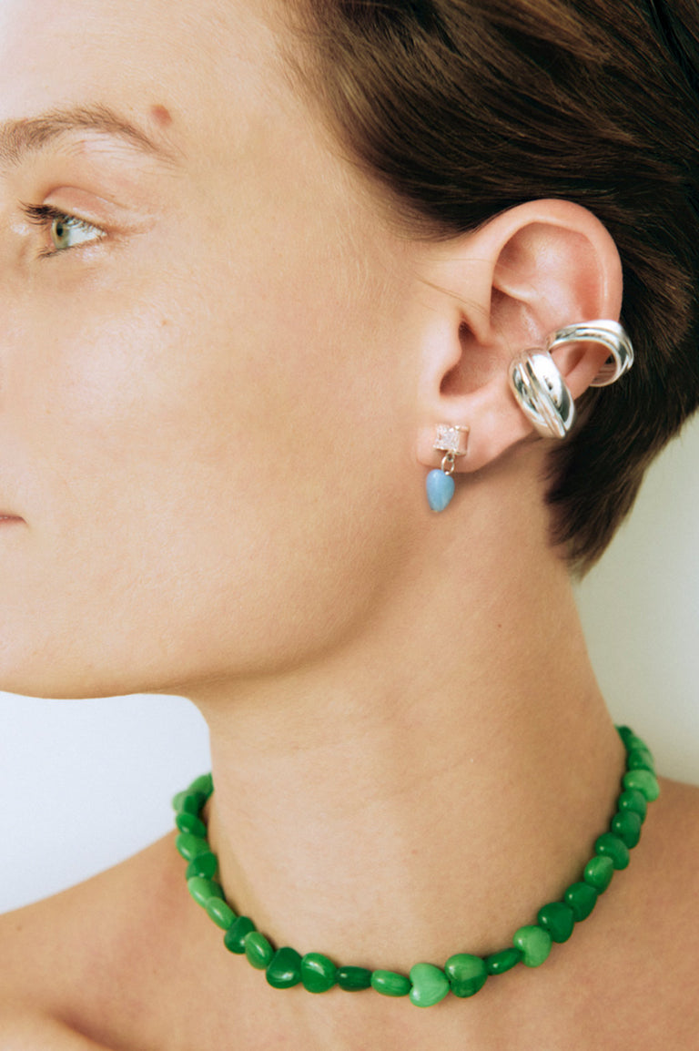 The Heart's Window - Blue Heart Bead and Zirconia Recycled Silver Earrings