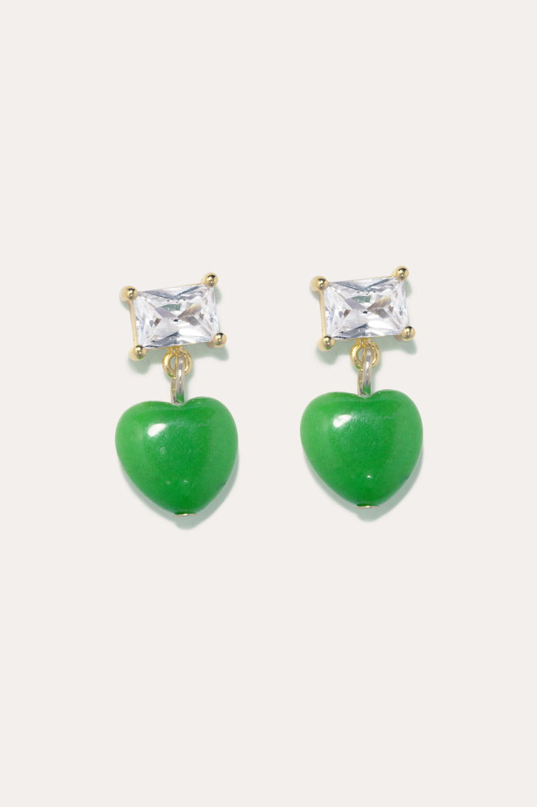 The Heart's Window - Green Heart Bead and Zirconia Recycled Gold Vermeil Earrings