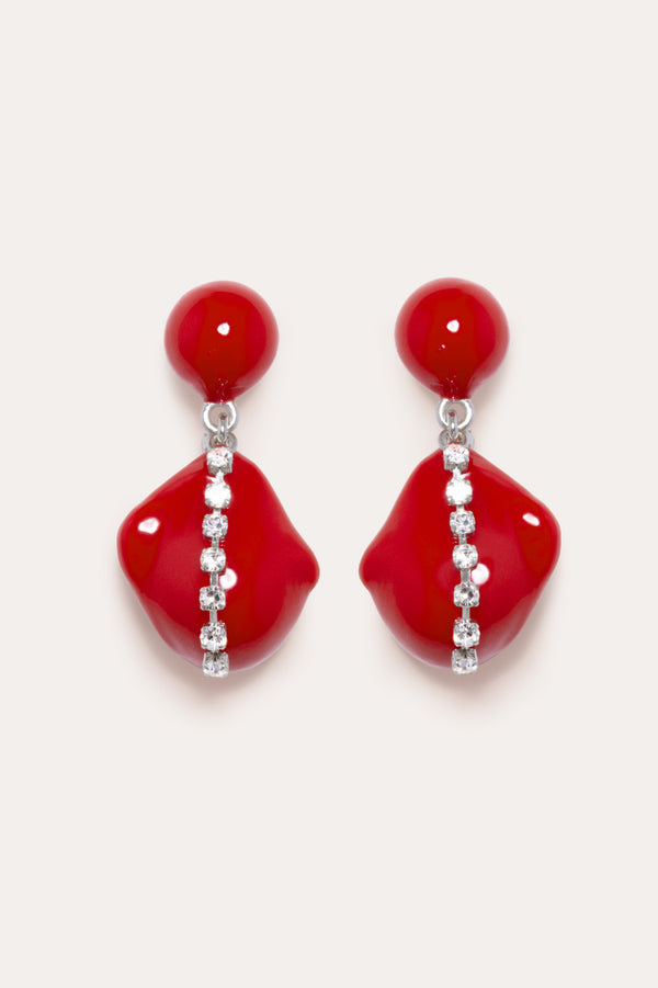 Between the Tides - Red Resin and Rhinestone Rhodium Plated Earrings