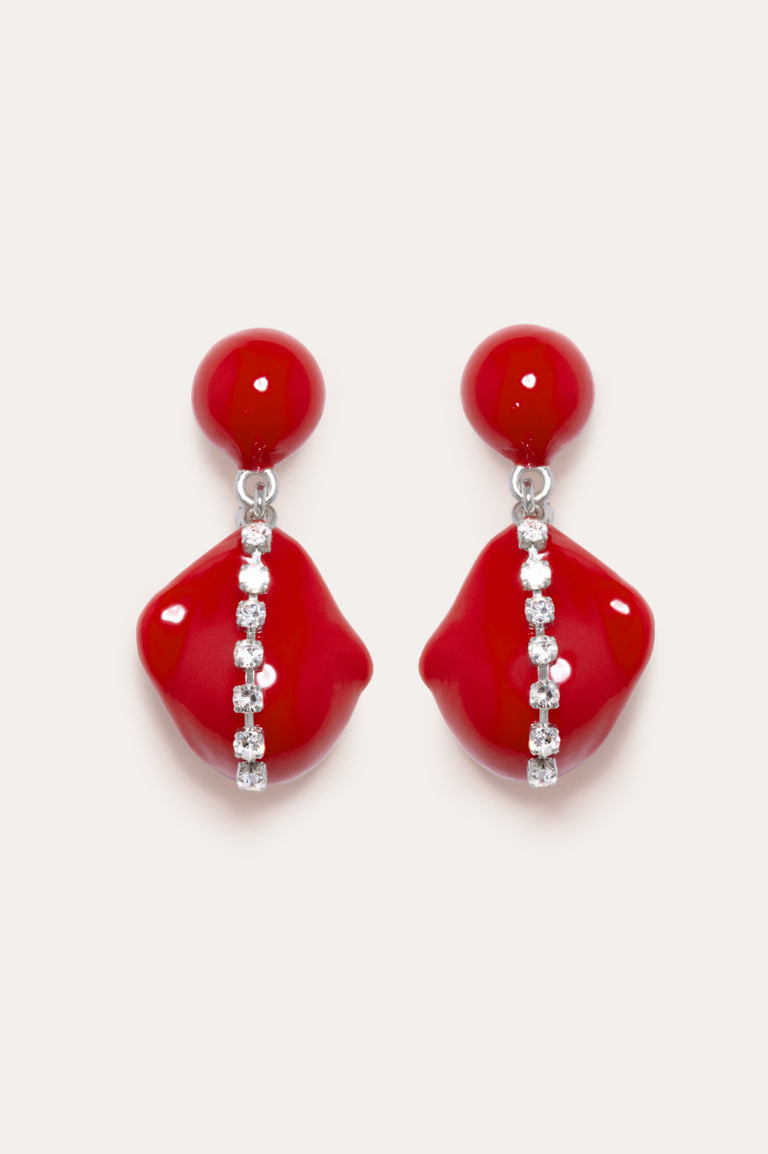 Between the Tides - Red Resin and Rhinestone Rhodium Plated Earrings