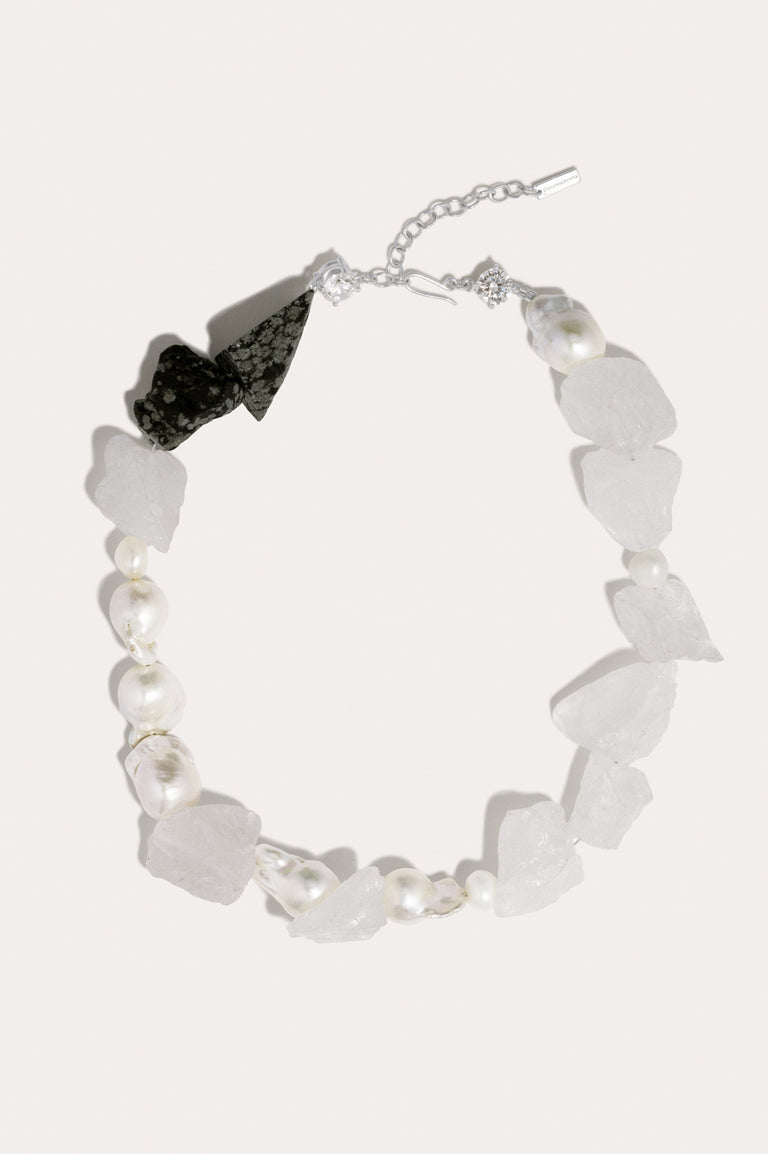 Rock Bottom - Pearl, Zirconia, Snowflake Obsidian and Rock Crystal Recycled Silver Necklace