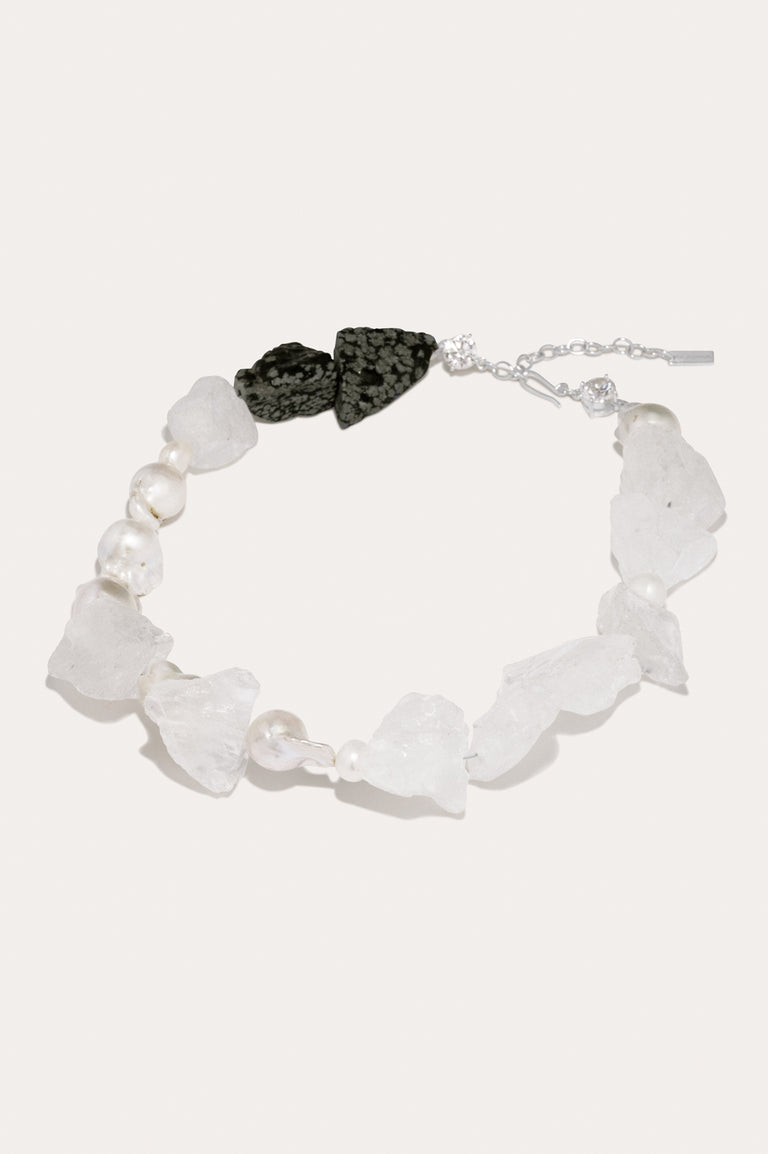 Rock Bottom - Pearl, Zirconia, Snowflake Obsidian and Rock Crystal Recycled Silver Necklace
