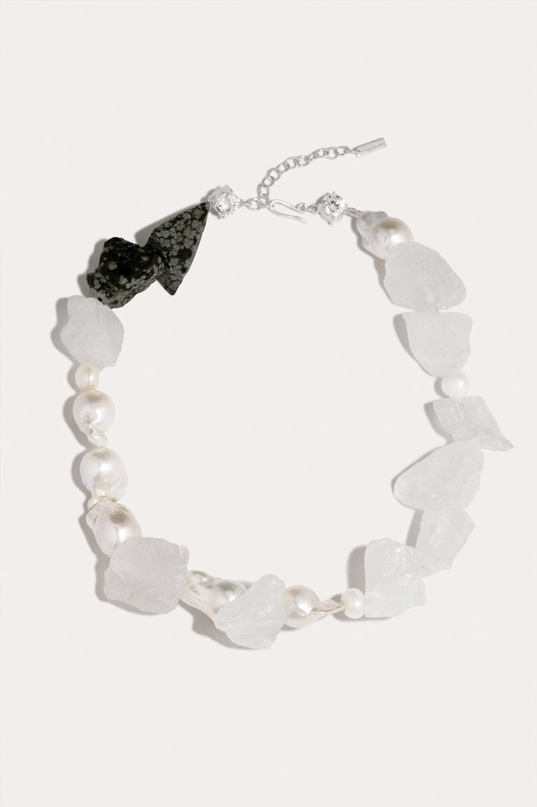 Rock Bottom - Pearl, Zirconia, Snowflake Obsidian and Rock Crystal Recycled Silver Necklace