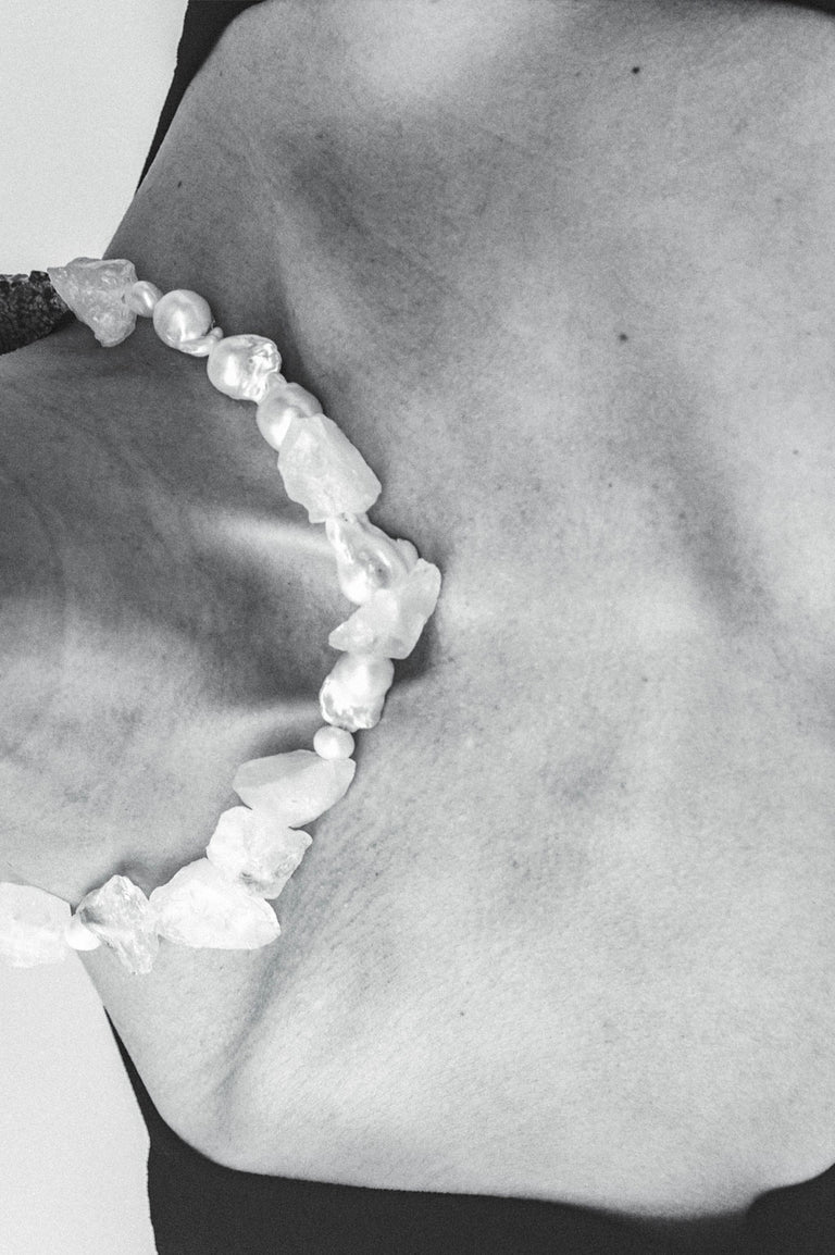 Rock Bottom - Pearl, Zirconia, Snowflake Obsidian and Rock Crystal Recycled Silver Necklace