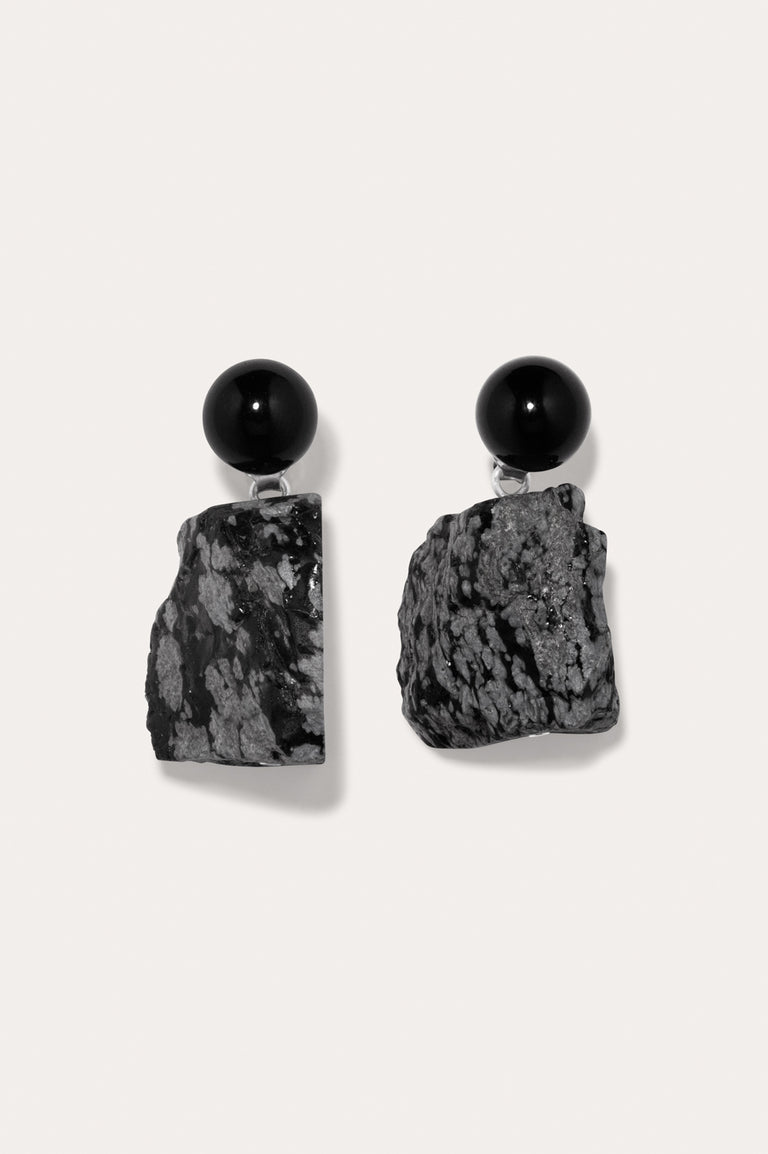 Pair of earrings with black spherical stones on a white background