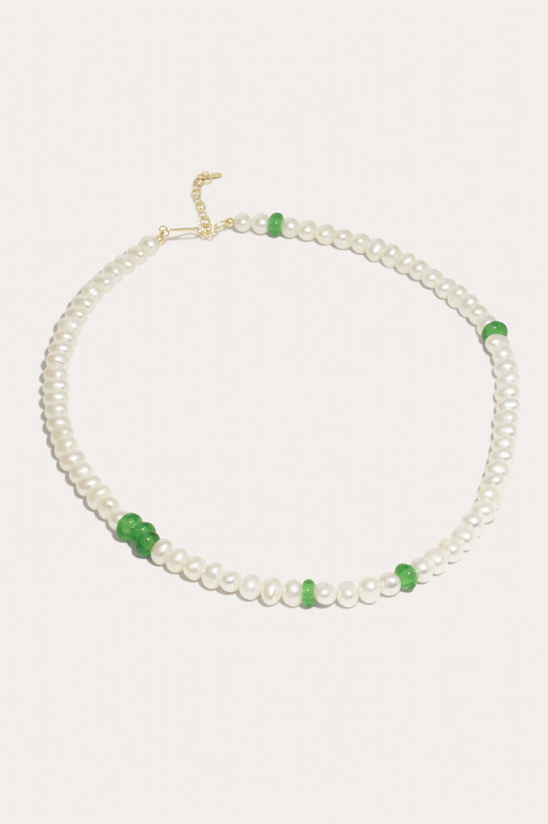 P114 - Pearl and Recycled Green Glass Bead Gold Vermeil Necklace