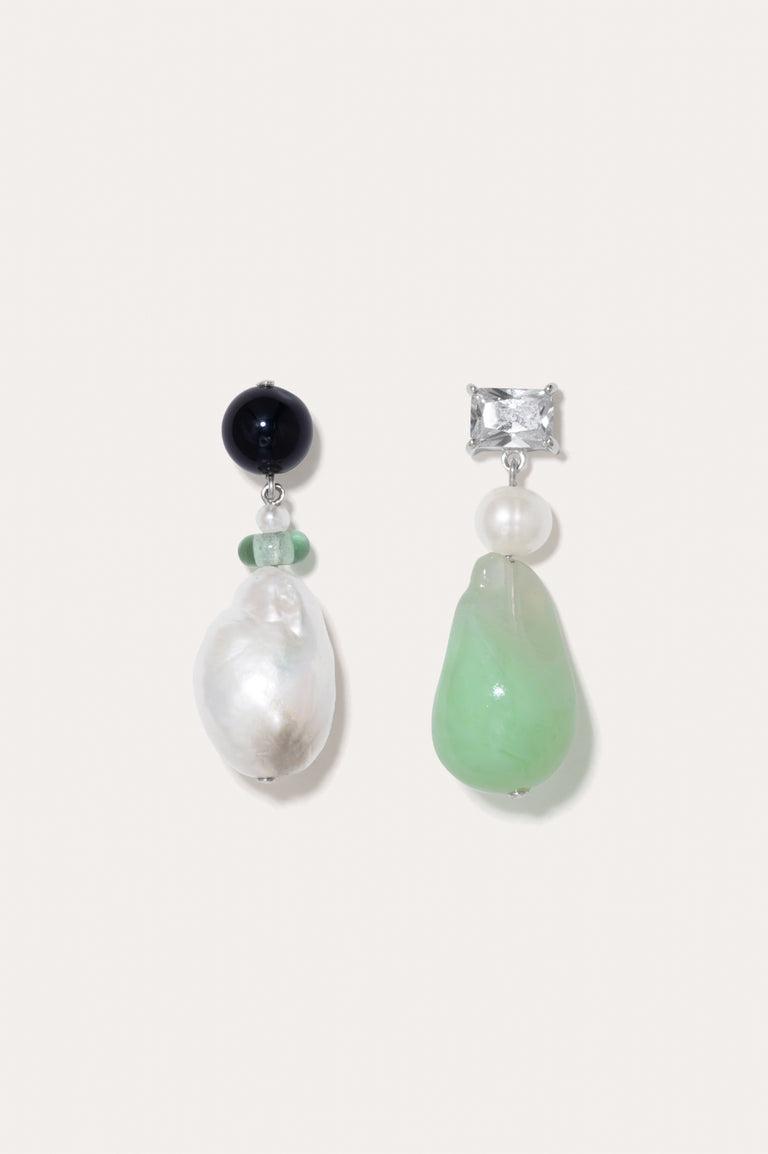 Peat - Pearl, Onyx, Glass Bead, Bio Resin and Zirconia Recycled Silver Earrings