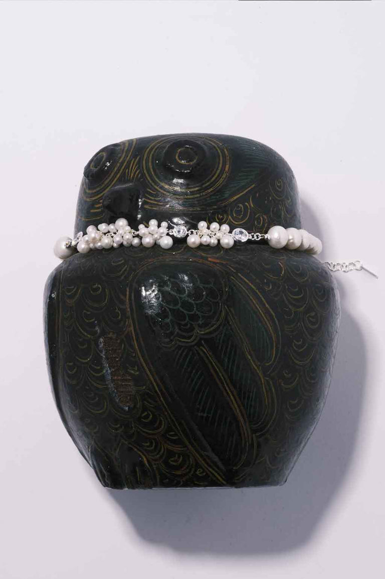 The Alchemy of Time - Pearl and Zirconia Recycled Silver Necklace