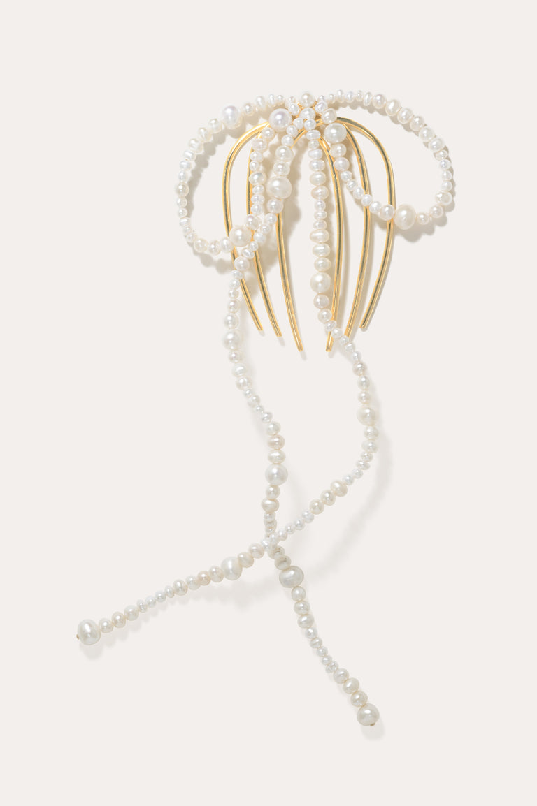 P189 - Pearl and Gold Plated Long Bow Hair Comb
