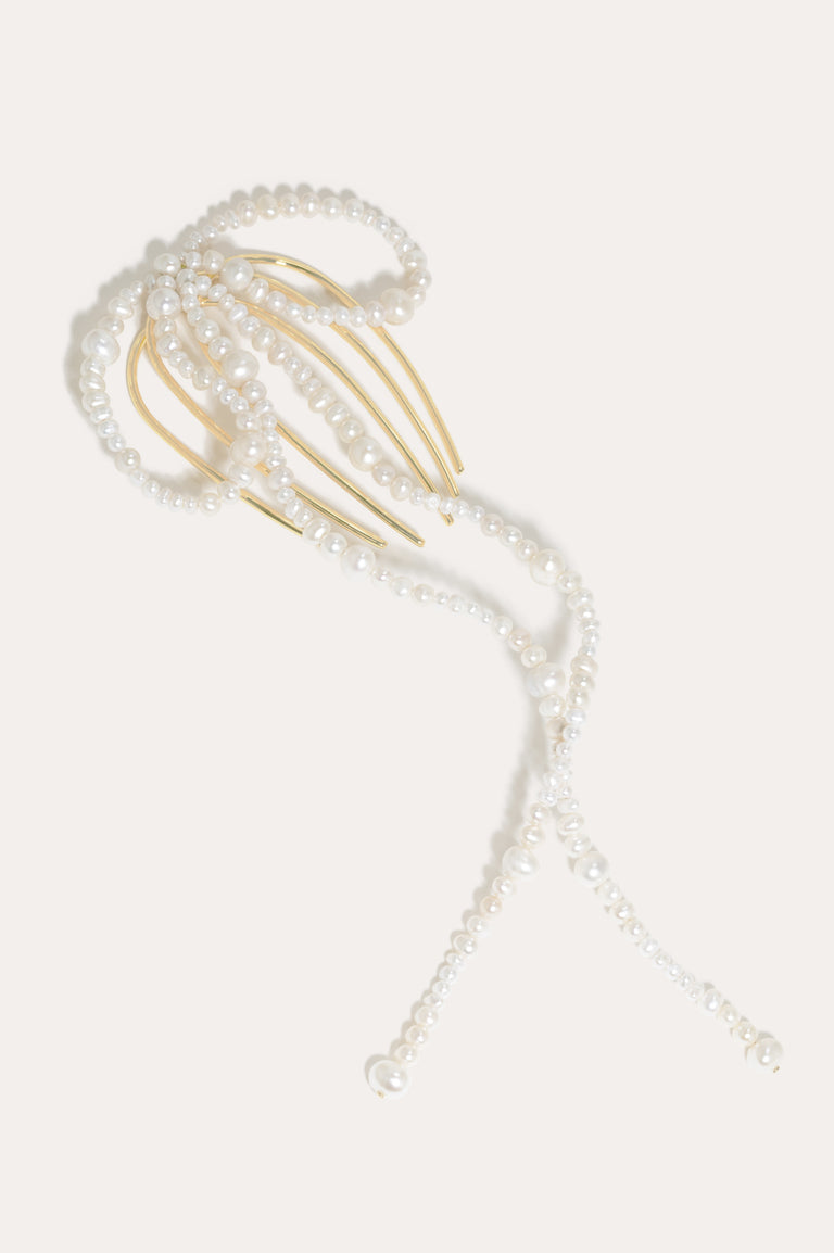 P189 - Pearl and Gold Plated Long Bow Hair Comb