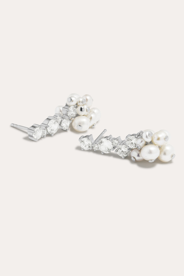 P218 - Pearl and Zirconia Recycled Silver Earrings