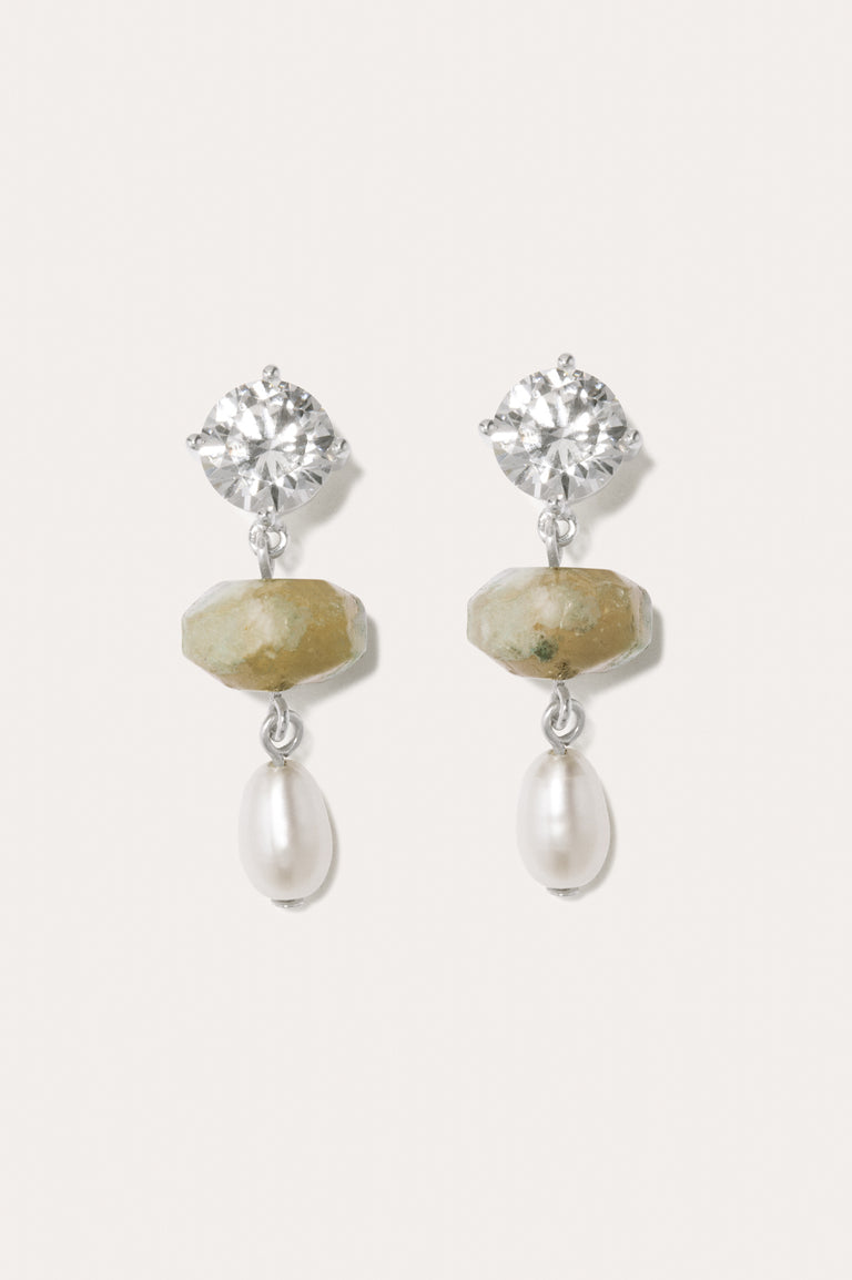 Orchard - Pearl, Zirconia and Olive Cherry Blossom Agate Recycled Silver Earrings