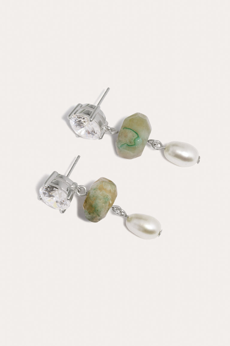 Orchard - Pearl, Zirconia and Olive Cherry Blossom Agate Recycled Silver Earrings