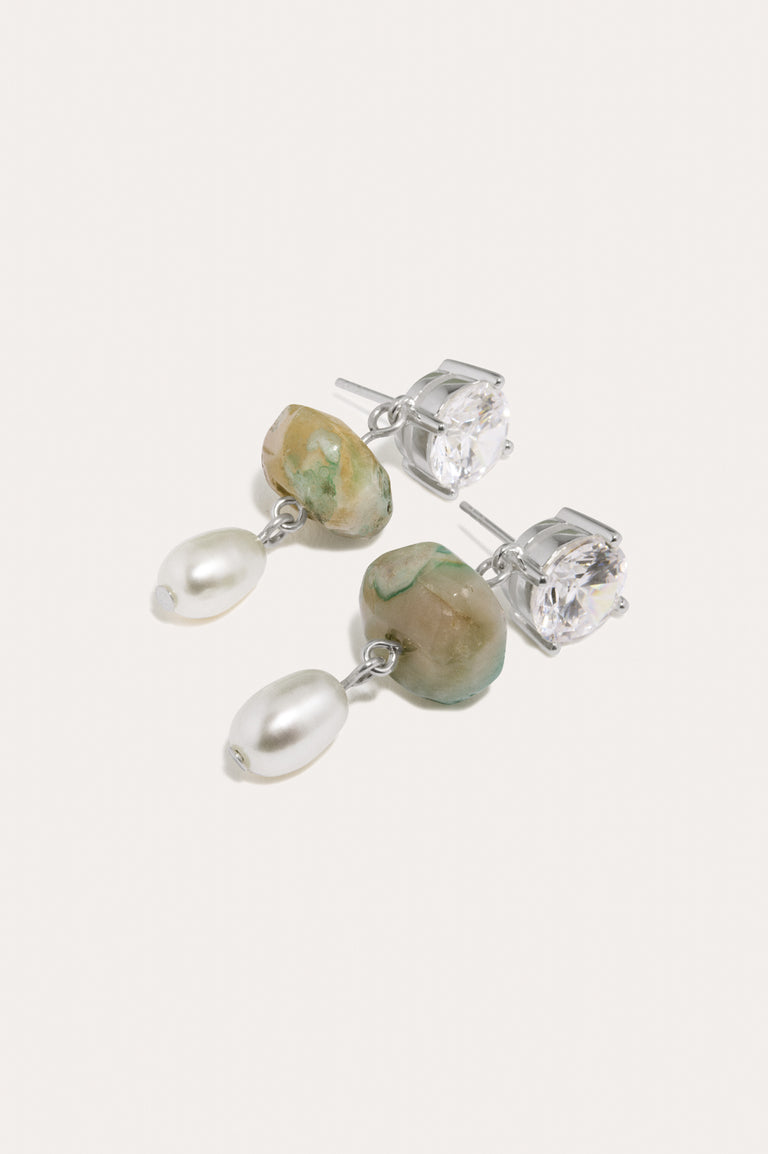 Orchard - Pearl, Zirconia and Olive Cherry Blossom Agate Recycled Silver Earrings