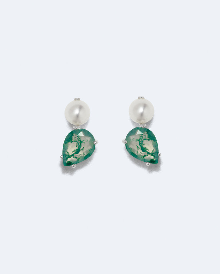 Tales of the Moon II - Pearl and Moss Agate Recycled Silver Earrings