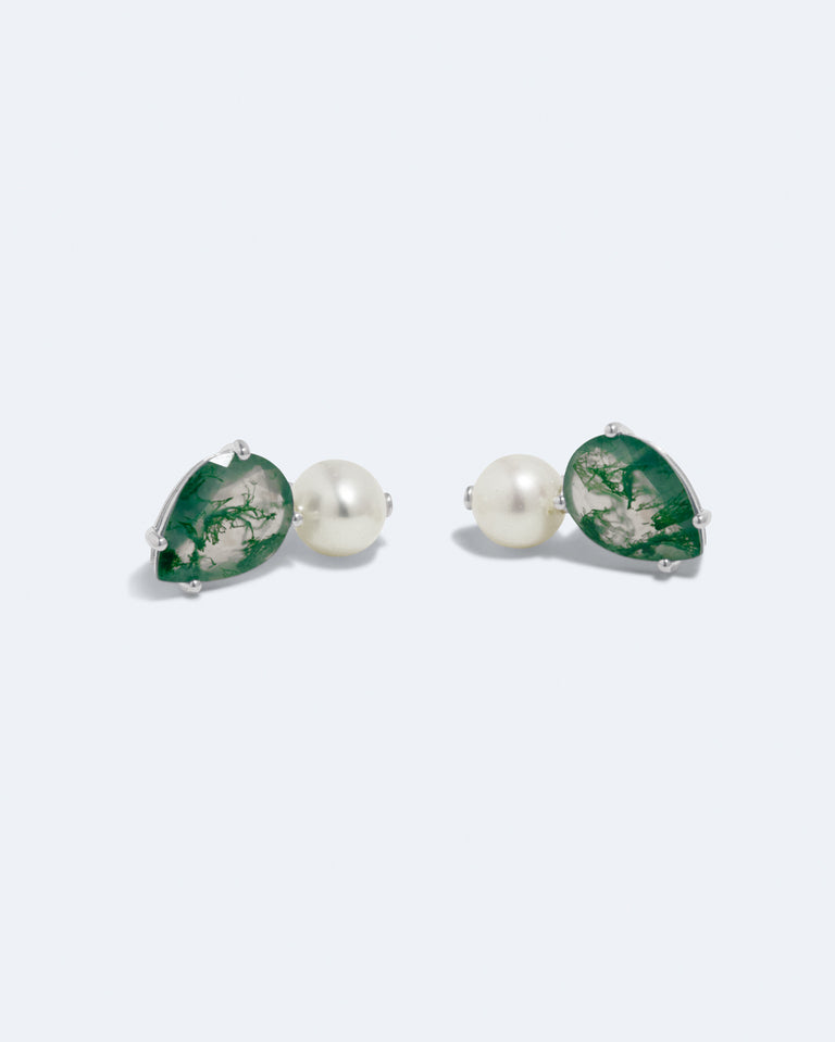 Tales of the Moon II - Pearl and Moss Agate Recycled Silver Earrings