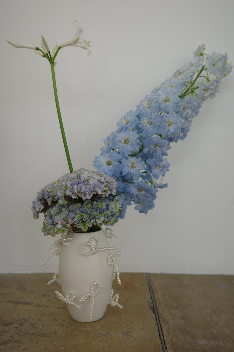 "Notsobig" Power, Corruption, Lies - Small Vase In Matte White w/ Faux Pearl Bows