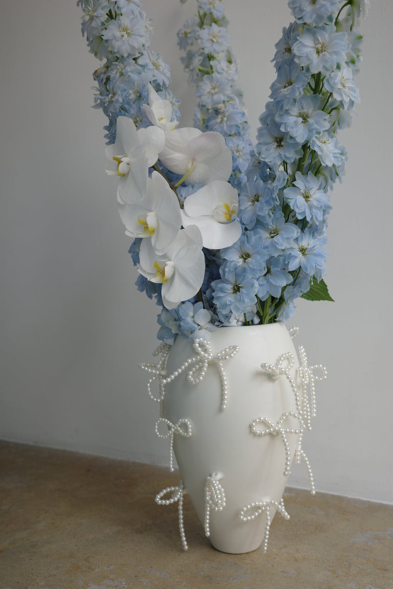 Power, Corruption, Lies - Large Vase In Matte White w/ Faux Pearl Bows