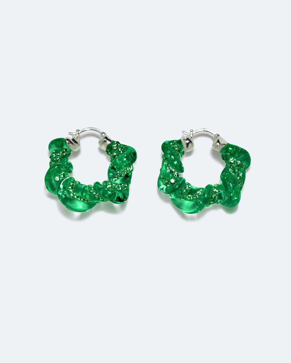 Brain Freeze - Green Resin and Green Rhinestone Recycled Silver Earrings